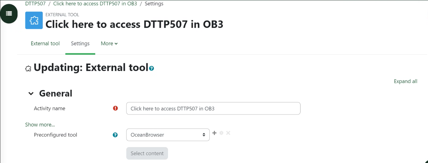 Moodle External Tool resource edit view